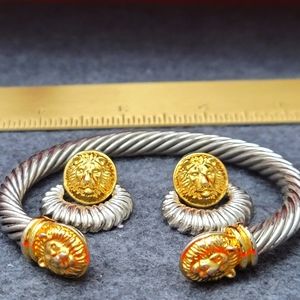 Vintage Anne Klein set lion logo door knocker earrings cuff bracelet silver gold
